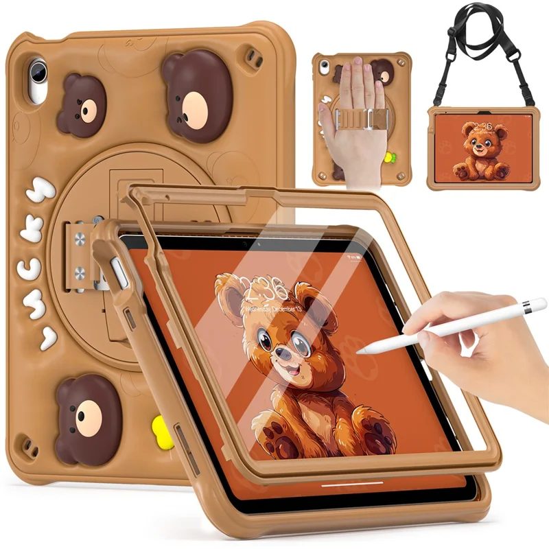 For iPad (2025) / 10.9 (2022) Case with Shoulder Strap Bear Pattern PC+Silicone+TPU Kickstand Tablet Cover