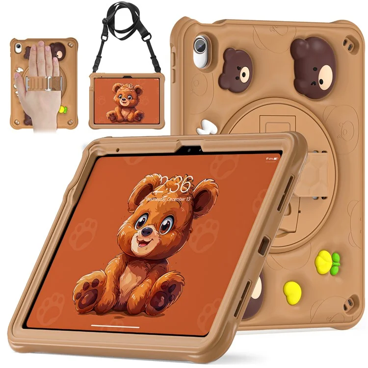 For iPad (2025) / 10.9 (2022) Case with Shoulder Strap Bear Pattern PC+Silicone+TPU Kickstand Tablet Cover