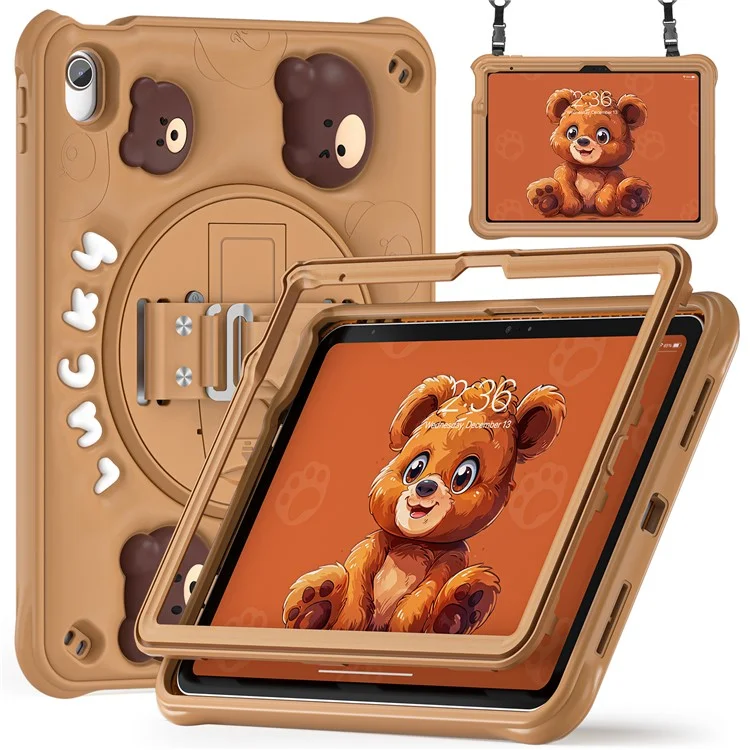 For iPad (2025) / 10.9 (2022) Case with Shoulder Strap Bear Pattern PC+Silicone+TPU Kickstand Tablet Cover