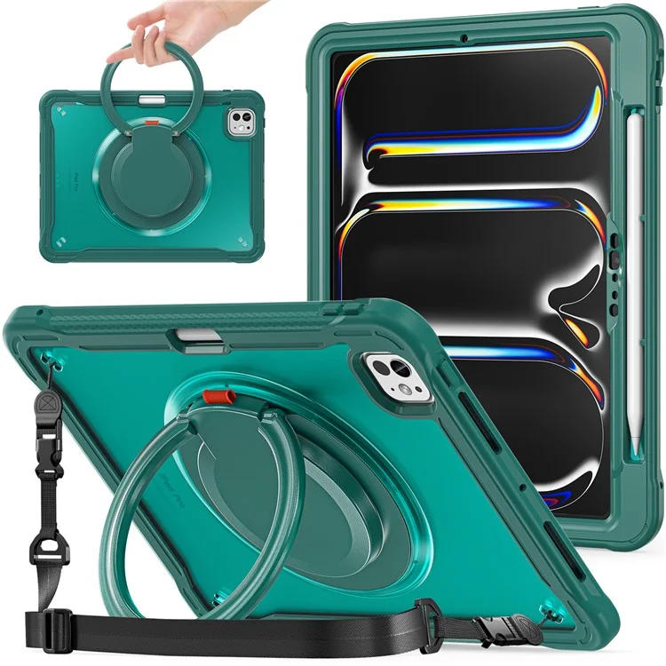 Per Ipad Pro 11 (2024) Case Rotary Kickstand Pc+tpu+copertura Silicone Con Spalla - Midnight Green
