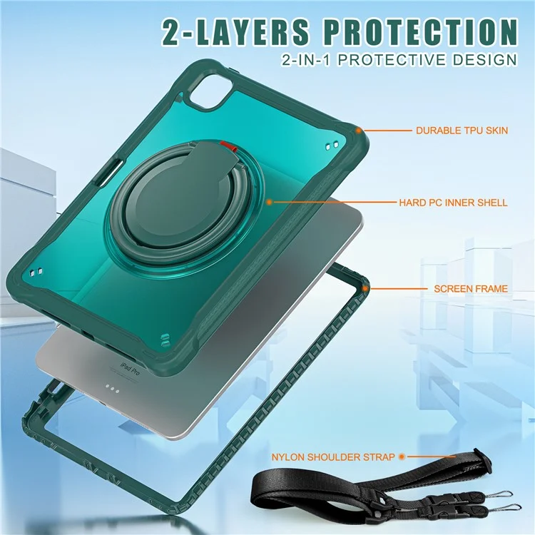 Per Ipad Pro 11 (2024) Case Rotary Kickstand Pc+tpu+copertura Silicone Con Spalla - Midnight Green