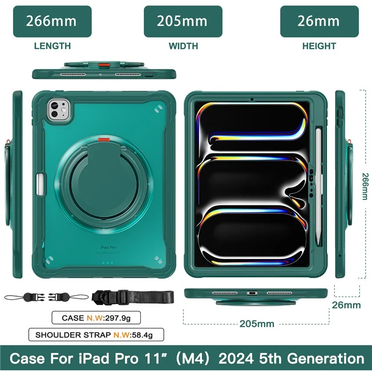 Per Ipad Pro 11 (2024) Case Rotary Kickstand Pc+tpu+copertura Silicone Con Spalla - Midnight Green