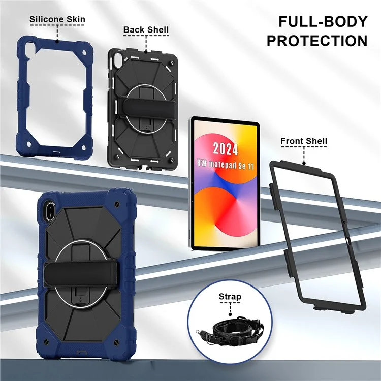 Para Huawei Matepad SE 11 Case Kickstand Silicone+PC Tablet Tampa Com Alça de Ombro - Azul-marinho / Preto