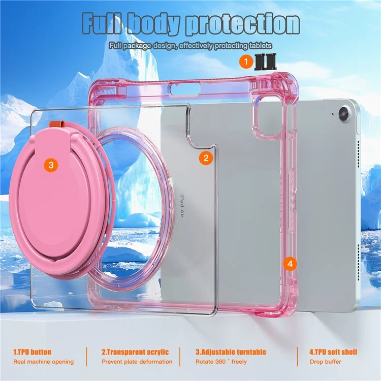 para ipad air 11 (2024) / air (2022) /(2020) / ipad pro 11 (2022) /(2021) /(2020) /(2018) caso de patada rotativa pc+tpu+cubierta de tableta acrílica - rosa