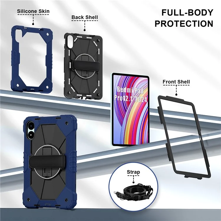 Für Xiaomi Redmi Pad Pro 5G / Pad Pro / Poco Pad 4G Hülle mit Ständer, Silikon+PC-Tablet-Cover mit Schultergurt - Navy Blau / Schwarz