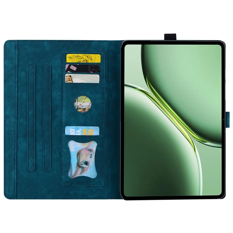Чехол для планшета OnePlus Pad Pro / Pad 2 с слотами для карт, кожаная подставка, откидной чехол с цветами и кошкой - синий