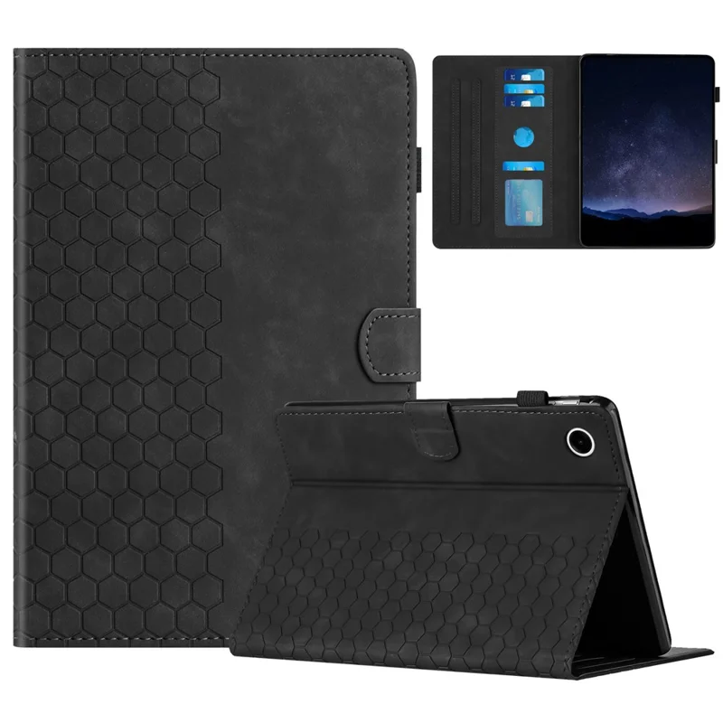 For Samsung Galaxy Tab A9+ Case Honeycomb Printed Leather Tablet Cover with Card Slot - Black