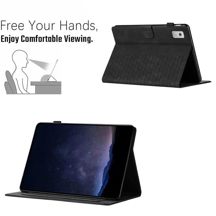 Pour Lenovo Tab P11 Gen 2 Étui Honeycomb Imprimé Cuir Couverture de Tablette avec Fente pour Carte - Noir