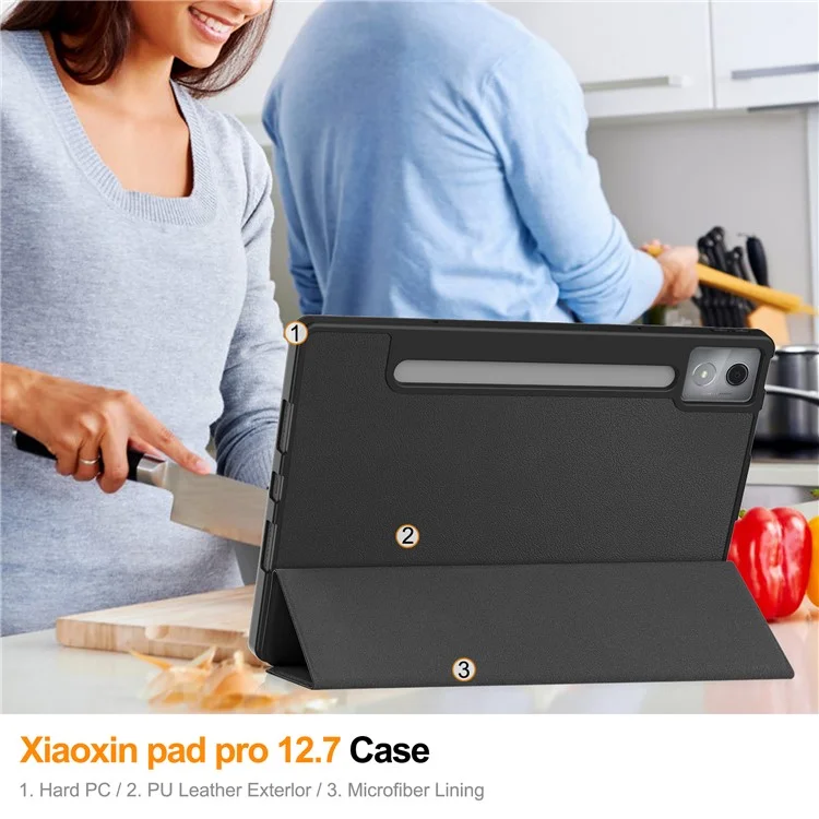 Para Lenovo Xiaoxin Pad Pro 12.7 (2025) Stand Case Capa de Tablet à Prova de Choque com Slot para Caneta - Preto