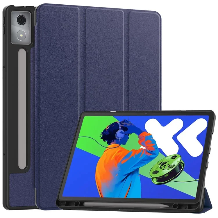 For Lenovo Xiaoxin Pad Pro 12.7 (2025) Stand Case Shock-Absorbent Leather Tablet Cover with Pen Slot - Dark Blue