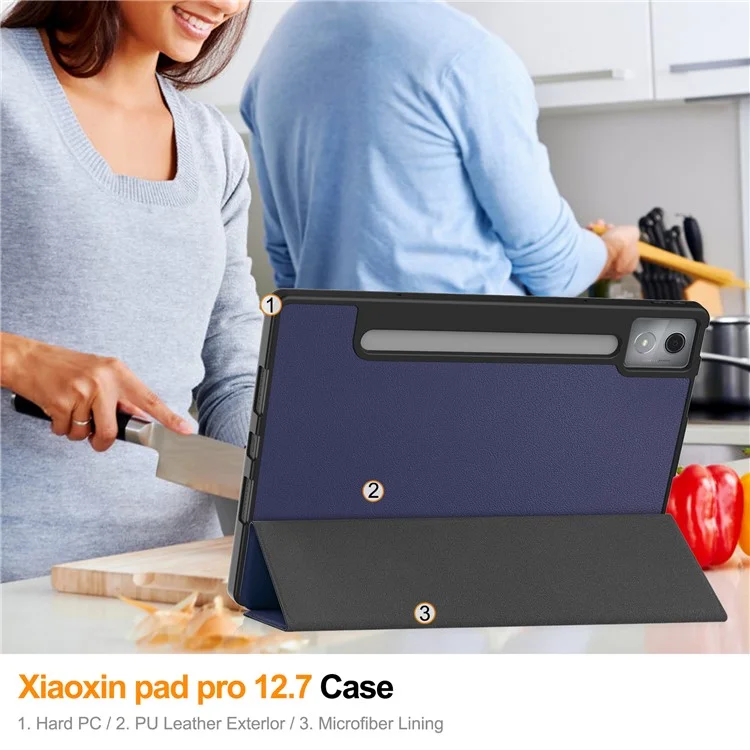 For Lenovo Xiaoxin Pad Pro 12.7 (2025) Stand Case Shock-Absorbent Leather Tablet Cover with Pen Slot - Dark Blue
