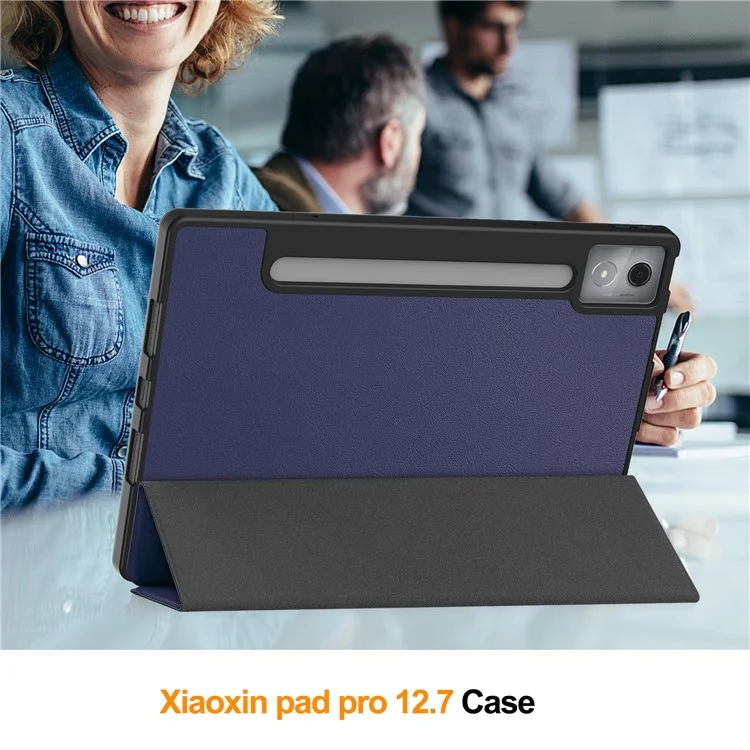 For Lenovo Xiaoxin Pad Pro 12.7 (2025) Stand Case Shock-Absorbent Leather Tablet Cover with Pen Slot - Dark Blue