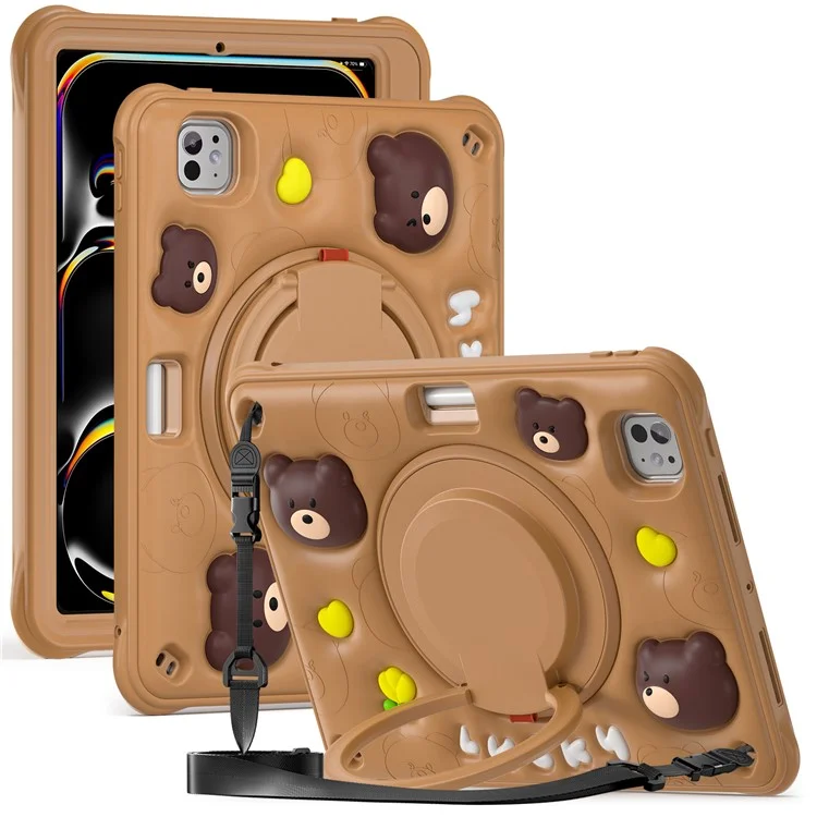 For iPad Pro 11 (2024) Case with Shoulder Strap Kickstand PC+Silicone+TPU Cartoon Bear Tablet Cover