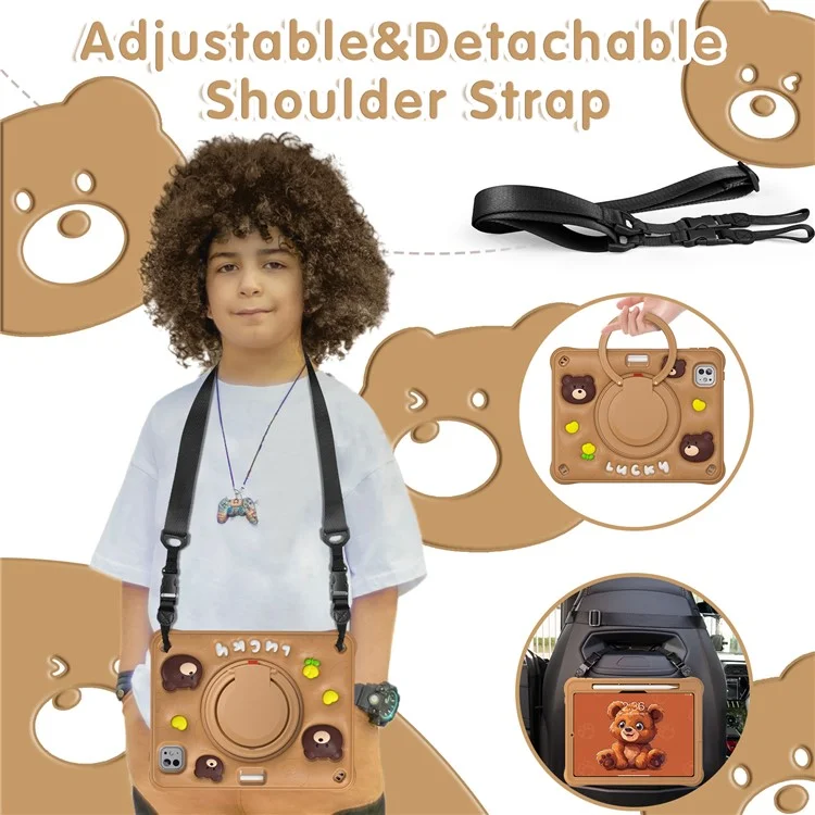 For iPad Pro 11 (2024) Case with Shoulder Strap Kickstand PC+Silicone+TPU Cartoon Bear Tablet Cover