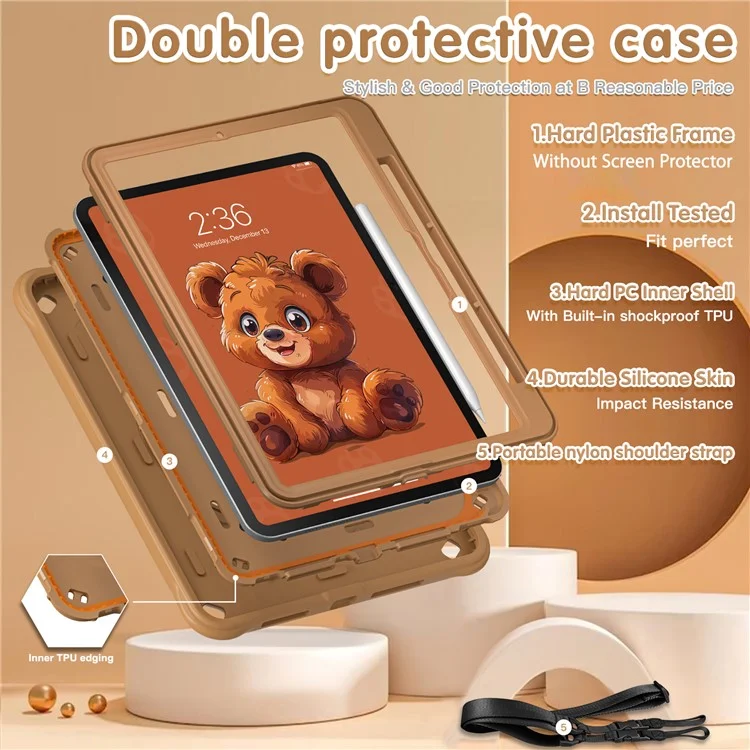 For iPad Pro 11 (2024) Case with Shoulder Strap Kickstand PC+Silicone+TPU Cartoon Bear Tablet Cover