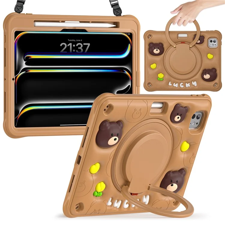 For iPad Pro 11 (2024) Case with Shoulder Strap Kickstand PC+Silicone+TPU Cartoon Bear Tablet Cover