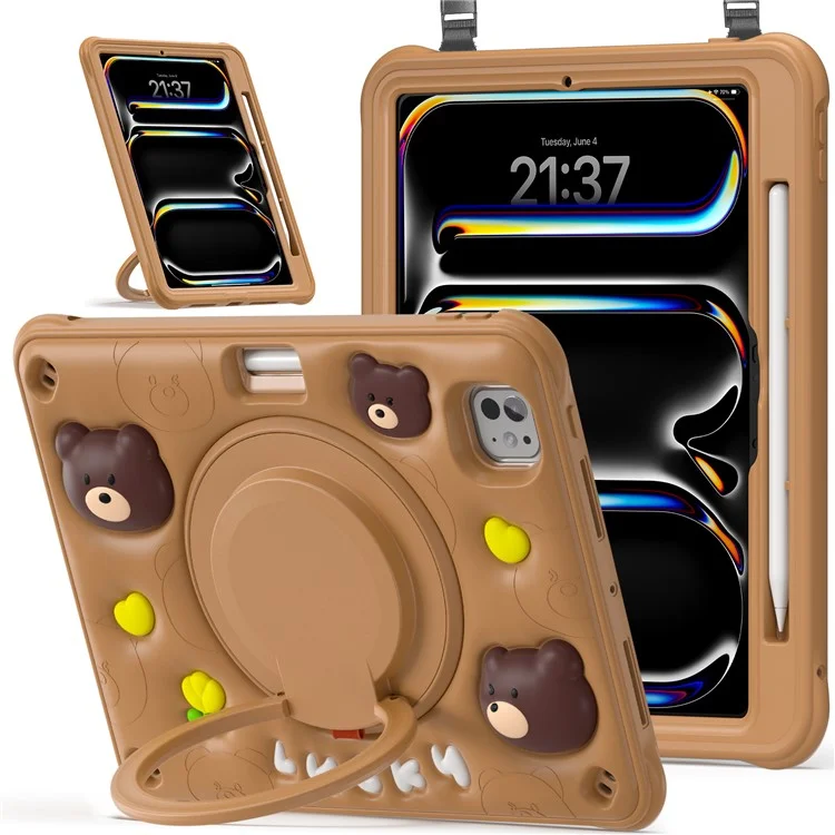For iPad Pro 11 (2024) Case with Shoulder Strap Kickstand PC+Silicone+TPU Cartoon Bear Tablet Cover
