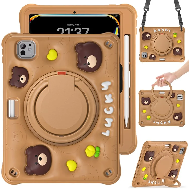 For iPad Pro 11 (2024) Case with Shoulder Strap Kickstand PC+Silicone+TPU Cartoon Bear Tablet Cover