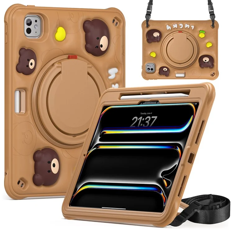 For iPad Pro 11 (2024) Case with Shoulder Strap Kickstand PC+Silicone+TPU Cartoon Bear Tablet Cover