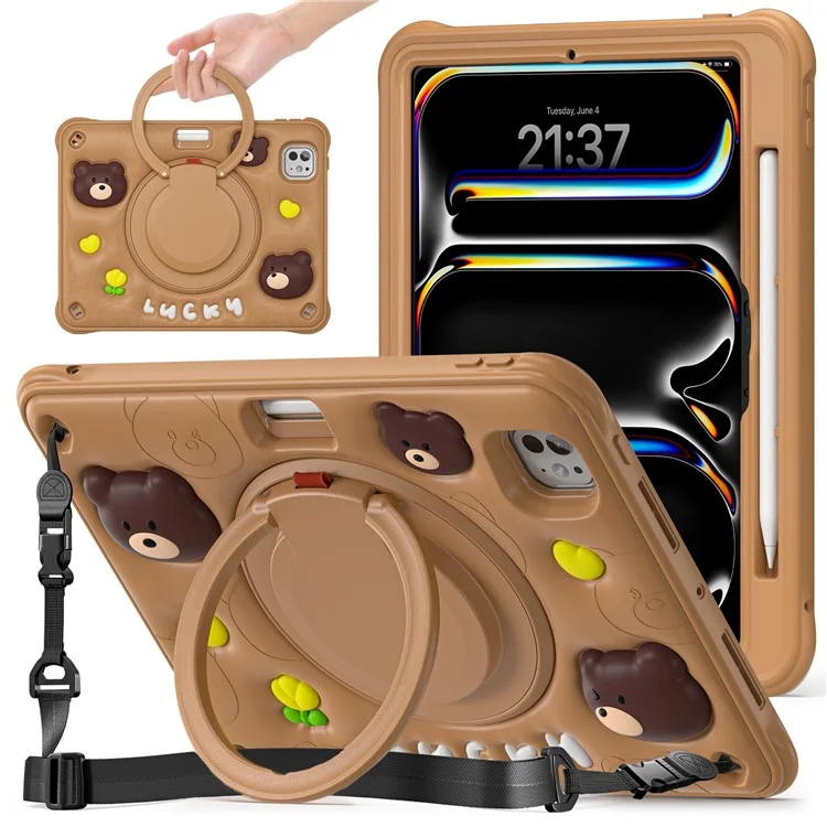 For iPad Pro 11 (2024) Case with Shoulder Strap Kickstand PC+Silicone+TPU Cartoon Bear Tablet Cover