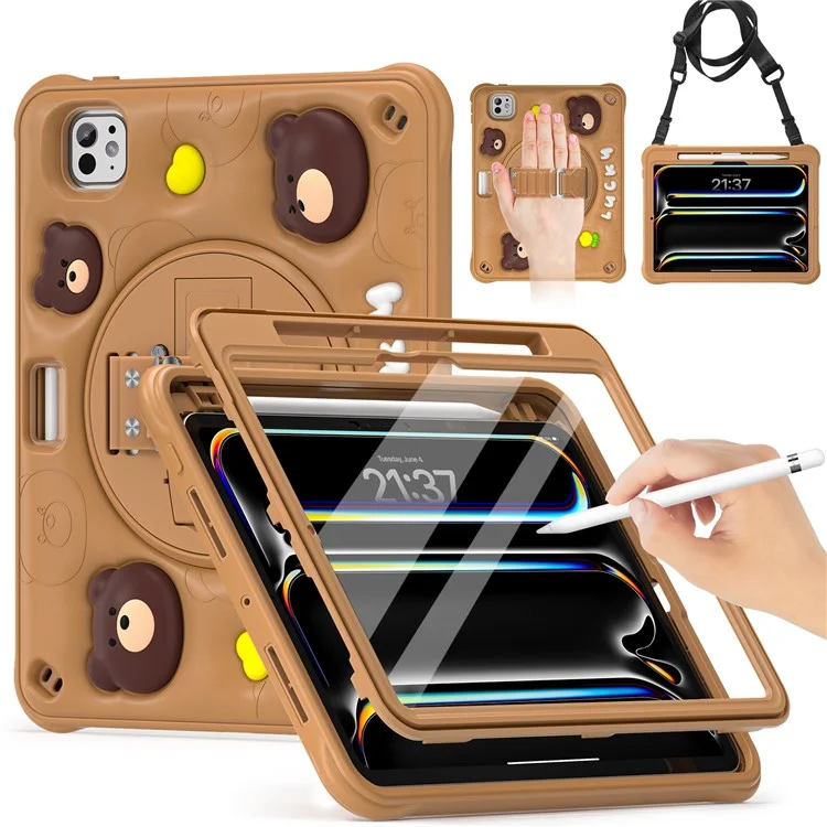 For iPad Pro 11 (2024) Case with Shoulder Strap Bear Pattern PC+Silicone+TPU Kickstand Tablet Cover
