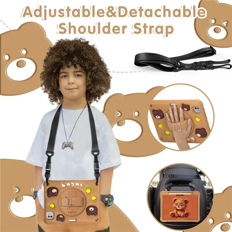For iPad Pro 11 (2024) Case with Shoulder Strap Bear Pattern PC+Silicone+TPU Kickstand Tablet Cover