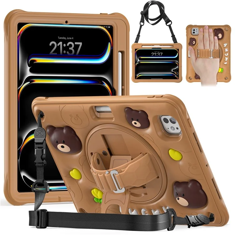 For iPad Pro 11 (2024) Case with Shoulder Strap Bear Pattern PC+Silicone+TPU Kickstand Tablet Cover