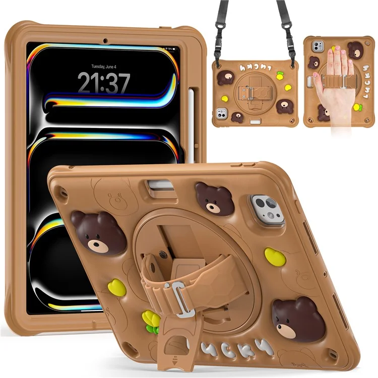 For iPad Pro 11 (2024) Case with Shoulder Strap Bear Pattern PC+Silicone+TPU Kickstand Tablet Cover