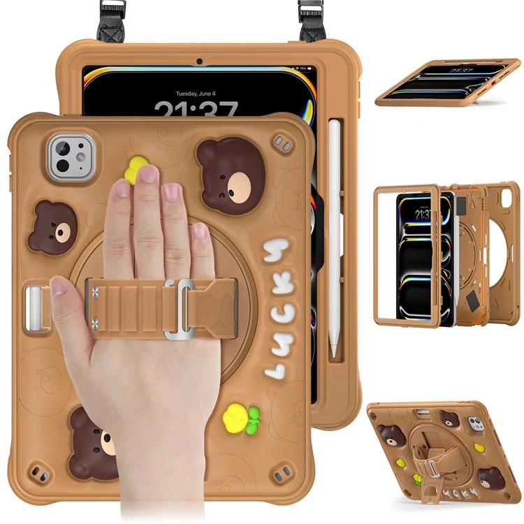 For iPad Pro 11 (2024) Case with Shoulder Strap Bear Pattern PC+Silicone+TPU Kickstand Tablet Cover