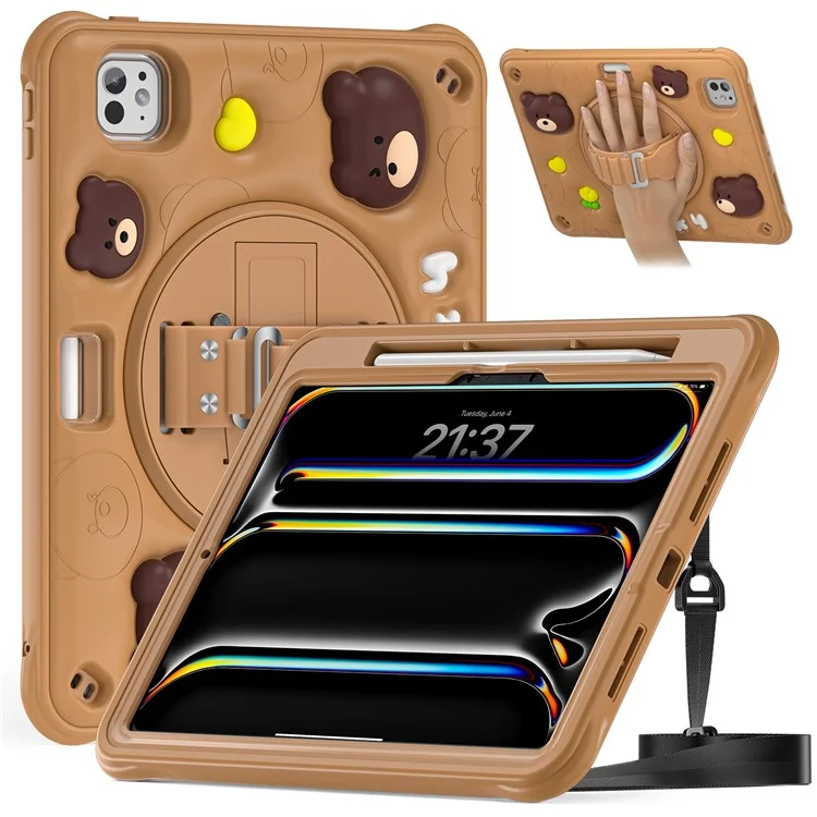 For iPad Pro 11 (2024) Case with Shoulder Strap Bear Pattern PC+Silicone+TPU Kickstand Tablet Cover