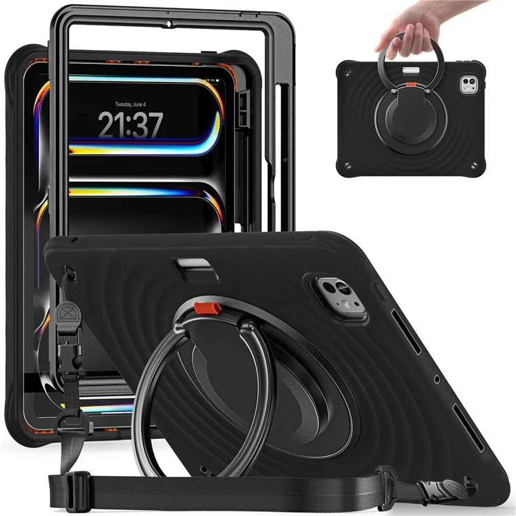 For iPad Pro 11 (2024) Case with Shoulder Strap Kickstand PC+Silicone+TPU Tablet Cover - Black