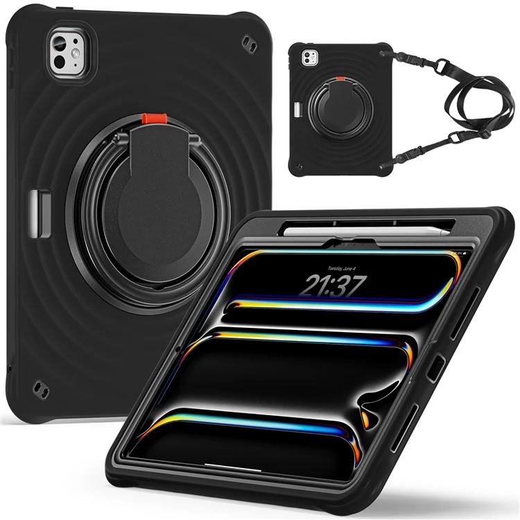 For iPad Pro 11 (2024) Case with Shoulder Strap Kickstand PC+Silicone+TPU Tablet Cover - Black