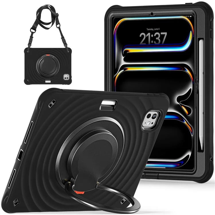 For iPad Pro 11 (2024) Case with Shoulder Strap Kickstand PC+Silicone+TPU Tablet Cover - Black