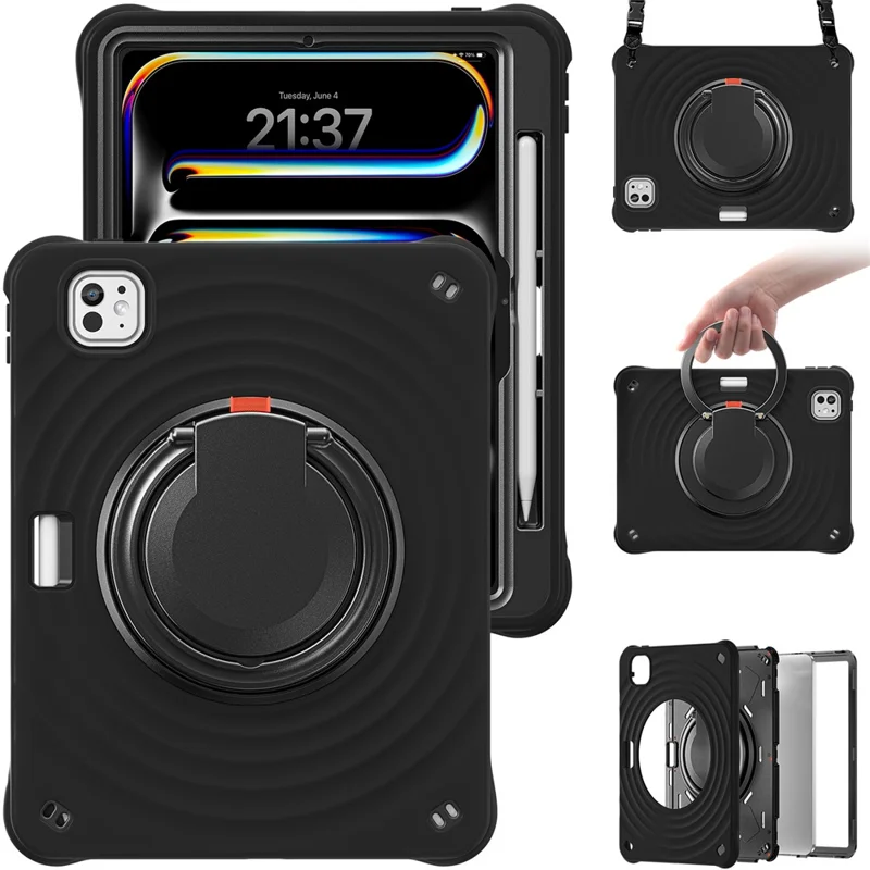 For iPad Pro 11 (2024) Case with Shoulder Strap Kickstand PC+Silicone+TPU Tablet Cover - Black