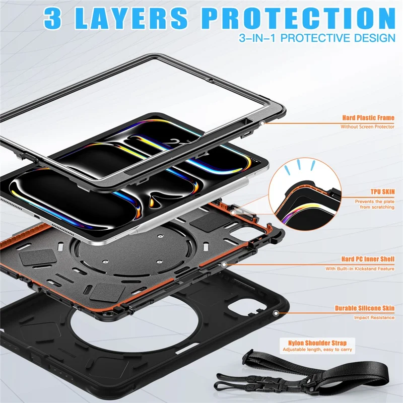 For iPad Pro 11 (2024) Case with Shoulder Strap Kickstand PC+Silicone+TPU Tablet Cover - Black