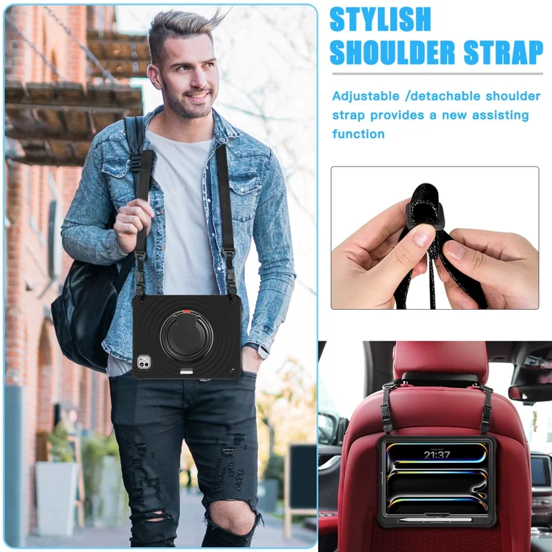 For iPad Pro 11 (2024) Case with Shoulder Strap Kickstand PC+Silicone+TPU Tablet Cover - Black