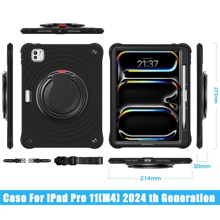 For iPad Pro 11 (2024) Case with Shoulder Strap Kickstand PC+Silicone+TPU Tablet Cover - Black