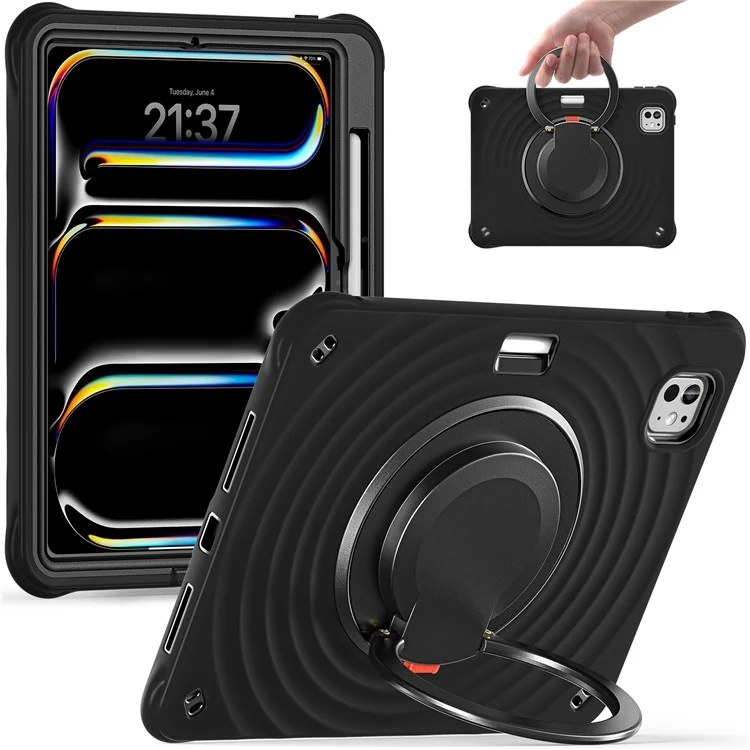 For iPad Pro 11 (2024) Case Rotatable Hand Grip Kickstand PC+Silicone+TPU Tablet Cover - Black