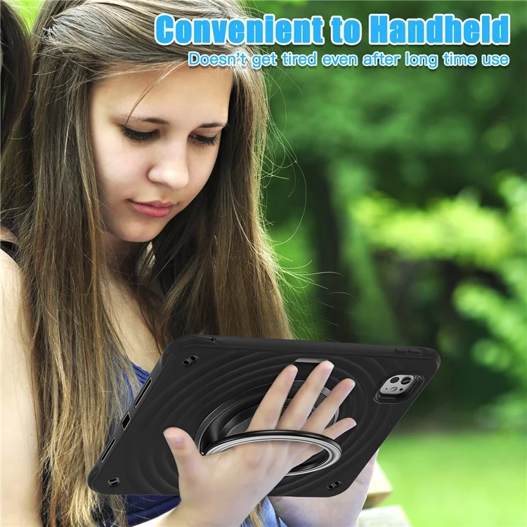 For iPad Pro 11 (2024) Case Rotatable Hand Grip Kickstand PC+Silicone+TPU Tablet Cover - Black