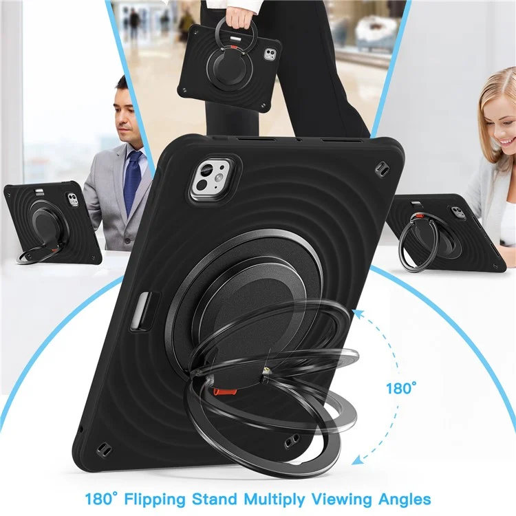 For iPad Pro 11 (2024) Case Rotatable Hand Grip Kickstand PC+Silicone+TPU Tablet Cover - Black