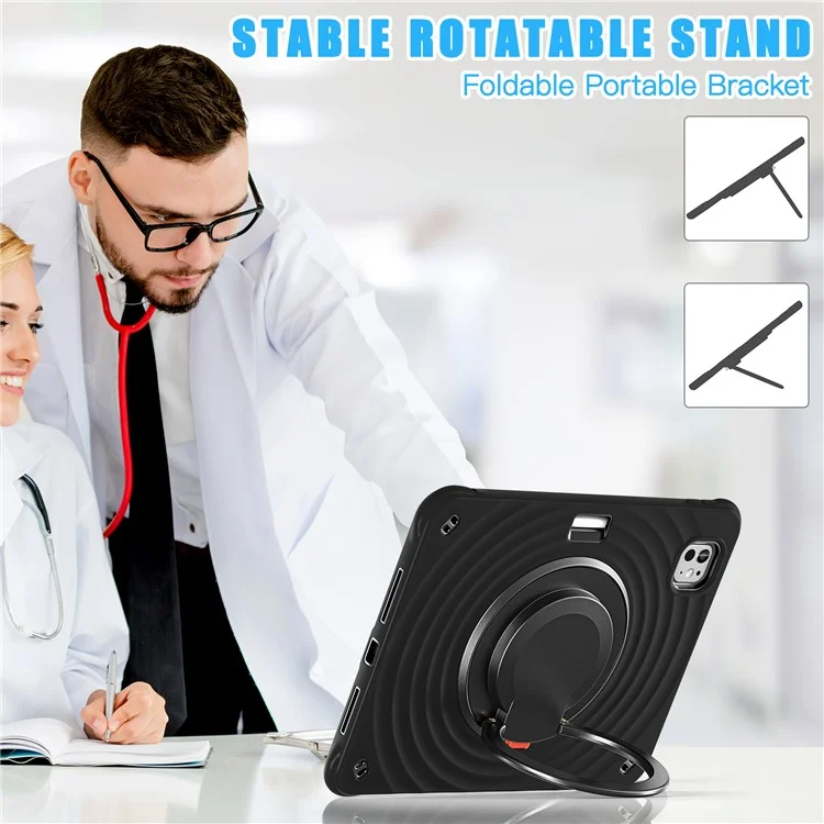 For iPad Pro 11 (2024) Case Rotatable Hand Grip Kickstand PC+Silicone+TPU Tablet Cover - Black