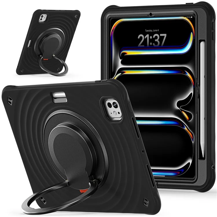 For iPad Pro 11 (2024) Case Rotatable Hand Grip Kickstand PC+Silicone+TPU Tablet Cover - Black