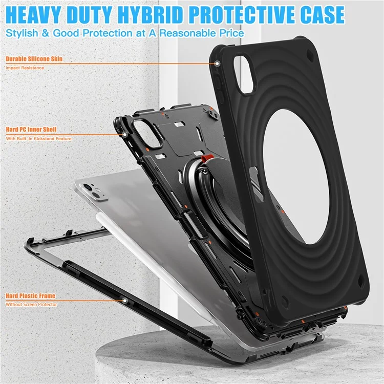 For iPad Pro 11 (2024) Case Rotatable Hand Grip Kickstand PC+Silicone+TPU Tablet Cover - Black