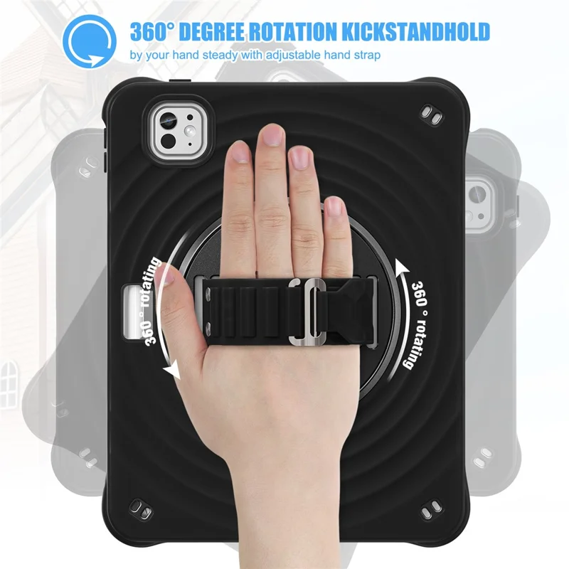 For iPad Pro 11 (2025) / 11 (2024) Case Hand Strap Kickstand TPU+PC+Silicone Tablet Cover - Black