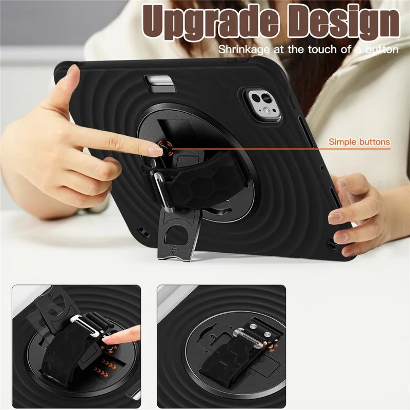 For iPad Pro 11 (2025) / 11 (2024) Case Hand Strap Kickstand TPU+PC+Silicone Tablet Cover - Black