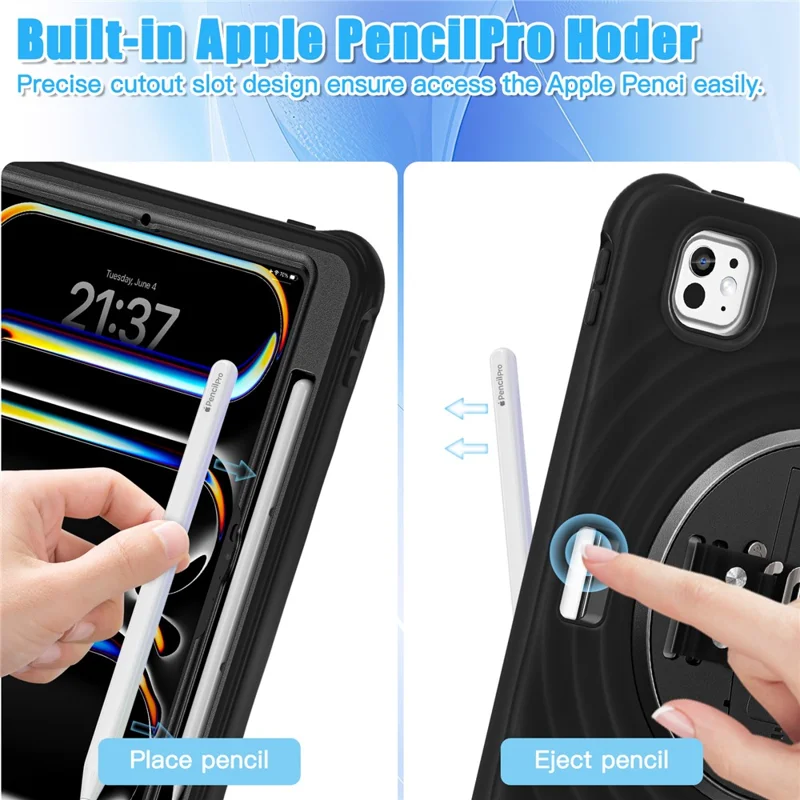 For iPad Pro 11 (2025) / 11 (2024) Case Hand Strap Kickstand TPU+PC+Silicone Tablet Cover - Black