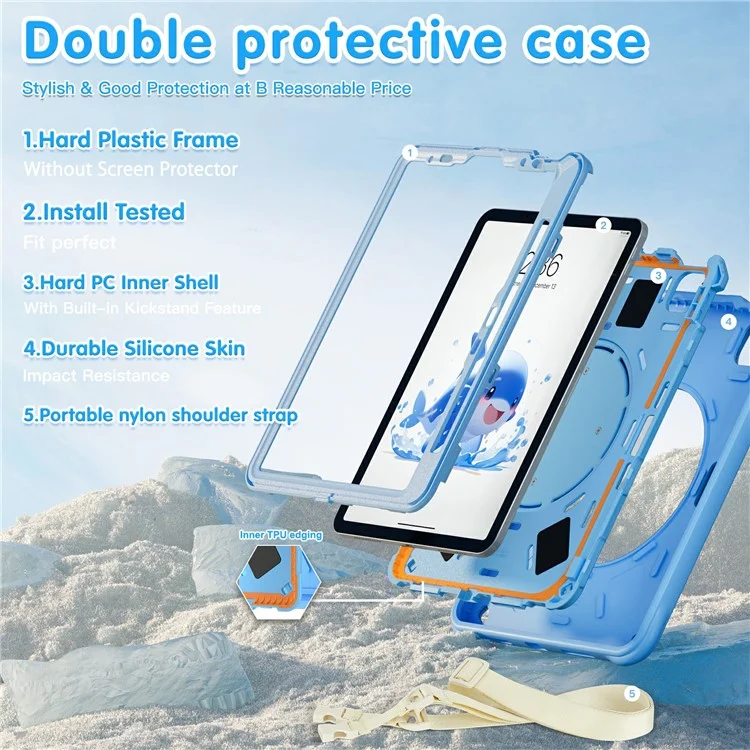 para ipad air 11 (2024) / air (2022) /(2020) / ipad pro 11 (2022) /(2021) /(2020) /(2018) caso con correa de hombro pc+silicona+tpu kickstand cover
