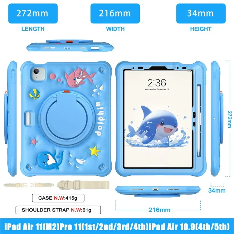 para ipad air 11 (2024) / air (2022) /(2020) / ipad pro 11 (2022) /(2021) /(2020) /(2018) caso con correa de hombro pc+silicona+tpu kickstand cover