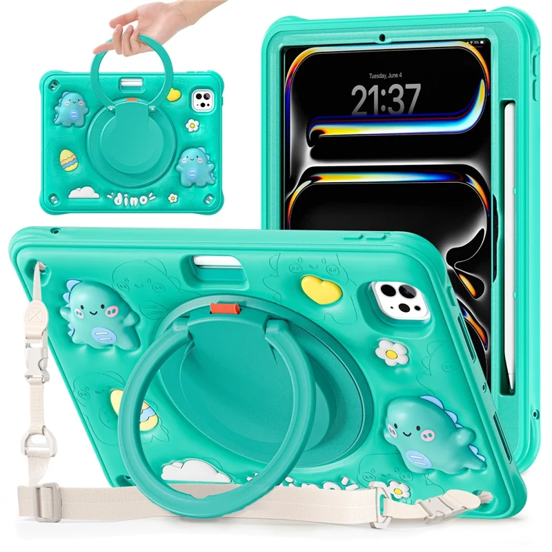 For iPad Pro 11 (2025) / 11 (2024) Case with Shoulder Strap Cartoon Dinosaur Kickstand PC+Silicone+TPU Tablet Cover
