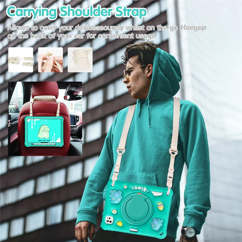 For iPad Pro 11 (2025) / 11 (2024) Case with Shoulder Strap Cartoon Dinosaur Kickstand PC+Silicone+TPU Tablet Cover